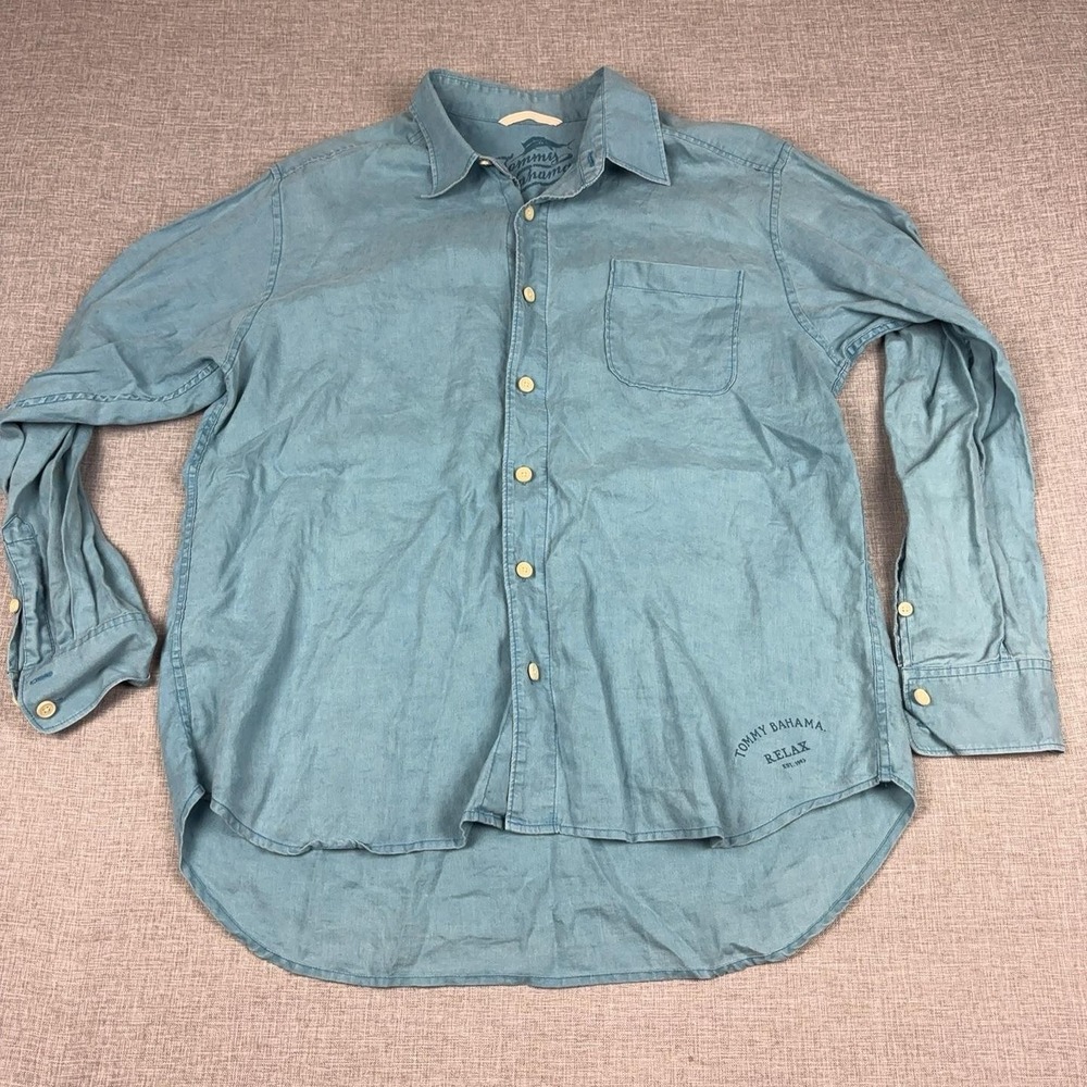 Tommy Bahama Relax Shirt Mens Large Blue Linen Long Sleeve Button Up Casual